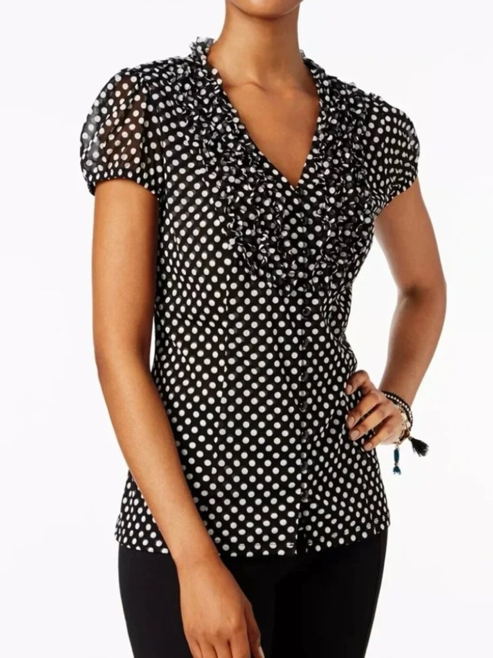 INC International Concepts Ruffled Polka Dot Blouse - Black/White - Size Large
